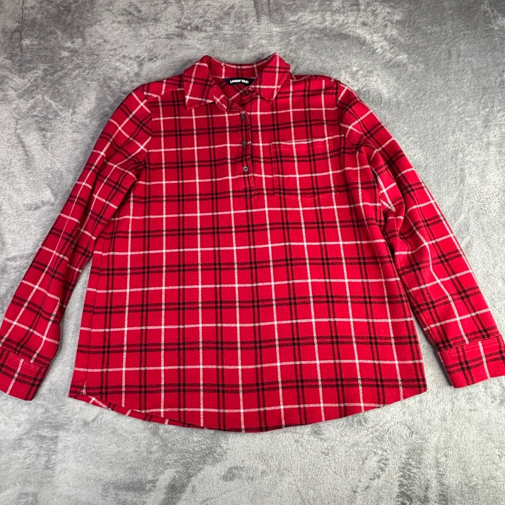 Lands' End Henley Shirt Womens L Red Plaid Long Sleeve Cotton Blend Knit Top